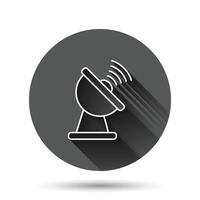 Antenna tower icon in flat style. Broadcasting vector illustration on black round background with long shadow effect. Wifi circle button business concept.