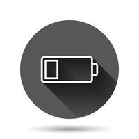 Battery charge icon in flat style. Power level vector illustration on black round background with long shadow effect. Lithium accumulator circle button business concept.