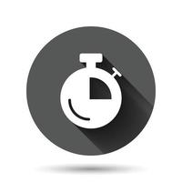 Clock icon in flat style. Watch vector illustration on black round background with long shadow effect. Timer circle button business concept.