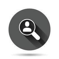 Search job vacancy icon in flat style. Loupe career vector illustration on black round background with long shadow effect. Find people employer circle button business concept.