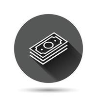 Money stack icon in flat style. Exchange cash vector illustration on black round background with long shadow effect. Banknote bill circle button business concept.