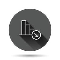 Market trend icon in flat style. Decline arrow with magnifier vector illustration on black round background with long shadow effect. Decrease circle button business concept.