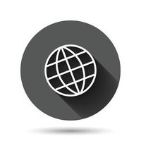 Earth planet icon in flat style. Globe geographic vector illustration on black round background with long shadow effect. Global communication circle button business concept.