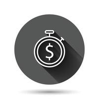 Time is money icon in flat style. Clock with dollar vector illustration on black round background with long shadow effect. Currency circle button business concept.