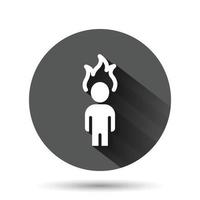 People with flame head icon in flat style. Stress expression vector illustration on black round background with long shadow effect. Health problem circle button business concept.