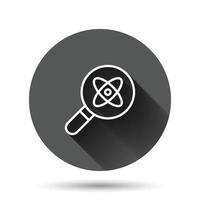 Science magnifier icon in flat style. Virus search vector illustration on black round background with long shadow effect. Chemistry dna circle button business concept.