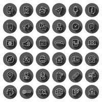 Contact us icon set in flat style. Mobile communication vector illustration on black round background with long shadow effect. Phone call circle button business concept.