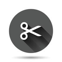 Scissor icon in flat style. Cut equipment vector illustration on black round background with long shadow effect. Cutter circle button business concept.