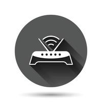 Wifi router icon in flat style. Broadband vector illustration on black round background with long shadow effect. Internet connection circle button business concept.