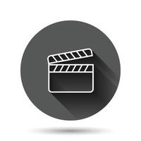 Film icon in flat style. Movie vector illustration on black round background with long shadow effect. Clapper video circle button business concept.