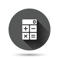 icono de calculadora en estilo plano. calcular la ilustración vectorial sobre fondo redondo negro con efecto de sombra larga. concepto de negocio de botón de círculo de cálculo. vector