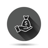 Remuneration icon in flat style. Money in hand vector illustration on black round background with long shadow effect. Banknote payroll circle button business concept.