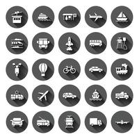 icono de transporte establecido en estilo plano. ilustración de colección de vectores de coche sobre fondo redondo negro con efecto de sombra larga. concepto de negocio de botón de círculo de transporte de envío.