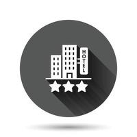 Hotel 3 stars sign icon in flat style. Inn building vector illustration on black round background with long shadow effect. Hostel room circle button business concept.