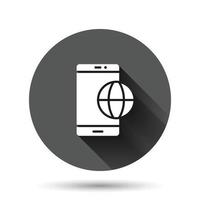 Globe smartphone icon in flat style. Mobile phone location vector illustration on black round background with long shadow effect. Destination circle button business concept.