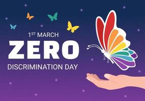 Zero Discrimination Day Illustration with Different People and Different Colors for Landing Page in Cartoon Hand Drawn Butterfly Flying Template vector