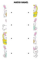 Match parts of cartoon Easter rabbits. Logical game for children. vector