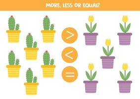 More, less or equal with cute flowers in pots. vector