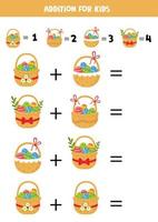 Addition game with different Easter baskets. Educational math game for preschool kids. vector