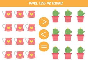 More, less or equal with watering can and cactus. vector