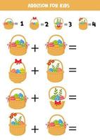 Addition game with different Easter baskets. Educational math game for preschool kids. vector