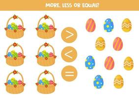 More, less or equal with cartoon Easter baskets. vector