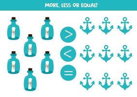 More, less or equal with bottles and anchors. vector