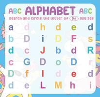 Search and circle the uppercase and lowercase of the A letter on the worksheet. Exercise for children to recognize the alphabet. Educational sheet for preschool. Vector file.