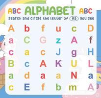 Search and circle the uppercase and lowercase of the A letter on the worksheet. Exercise for children to recognize the alphabet. Educational sheet for preschool. Vector file.