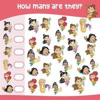 Mathematic activity page with cute mermaids. Calculate and write the result. How many worksheet. Educational printable math for children. Vector file.