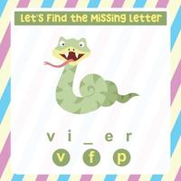 Missing letter worksheet. Complete the letters for animal names in English. Kids educational game. Printable worksheet for preschool. Writing practice. Vector file.