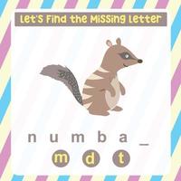 Missing letter worksheet. Complete the letters for animal names in English. Kids educational game. Printable worksheet for preschool. Writing practice. Vector file.