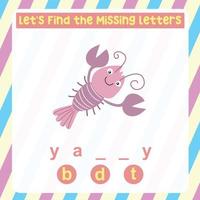 Missing letter worksheet. Complete the letters for animal names in English. Kids educational game. Printable worksheet for preschool. Writing practice. Vector file.