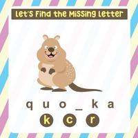 Missing letter worksheet. Complete the letters for animal names in English. Kids educational game. Printable worksheet for preschool. Writing practice. Vector file.