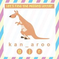 Missing letter worksheet. Complete the letters for animal names in English. Kids educational game. Printable worksheet for preschool. Writing practice. Vector file.