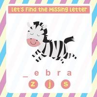 Missing letter worksheet. Complete the letters for animal names in English. Kids educational game. Printable worksheet for preschool. Writing practice. Vector file.