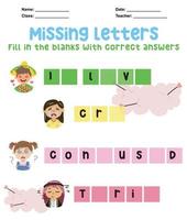 Missing letters worksheet. Complete the letters for feelings in English. Kids educational game. Printable worksheet for preschool. Writing practice. Vector file.