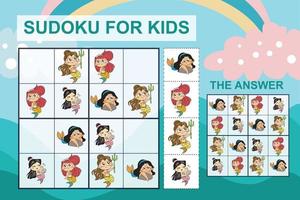 hoja de sudoku para niños. hoja de trabajo de educación para niños. juego de rompecabezas imprimible para preescolar. lindo tema de sirenas. archivo vectorial vector