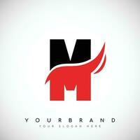 Bold Black Letter M Logo Design With Red Swoosh Vector Illustration