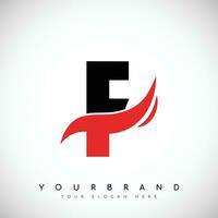 Bold Black Letter F Logo Design With Red Swoosh Vector Illustration