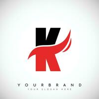 Bold Black Letter K Logo Design With Red Swoosh Vector Illustration