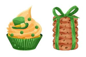 Set vector bright St. patricks day cupcake and stack of oatmeal cookies, green hat and clover, festive pastries