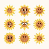 Groovy cartoon sunflowers character with cartoon funny faces vector