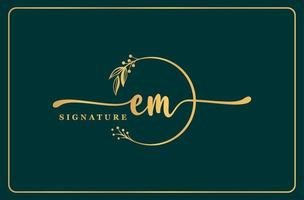 luxury gold signature initial Em logo design isolated leaf and flower vector