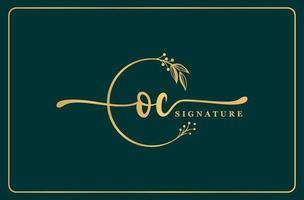 luxury gold signature initial oc logo design isolated leaf and flower vector