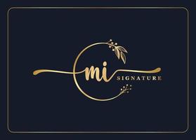 luxury gold signature initial Mi logo design isolated leaf and flower vector