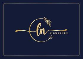 luxury gold signature initial LN logo design isolated leaf and flower vector