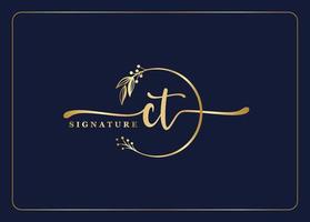 luxury gold signature initial CT logo design isolated leaf and flower vector