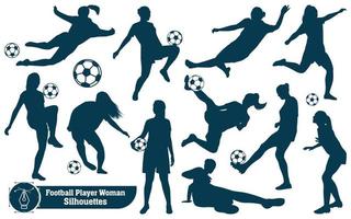 colección vectorial de siluetas femeninas jugando al fútbol o al fútbol en diferentes poses vector