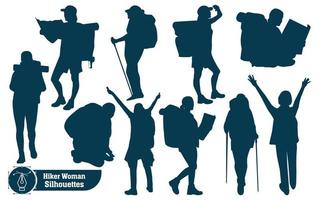 Vector collection of female hiker in mountains silhouettes in different poses